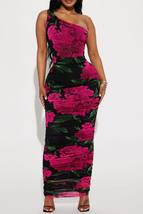 Flowery One Shoulder Maxi Dress